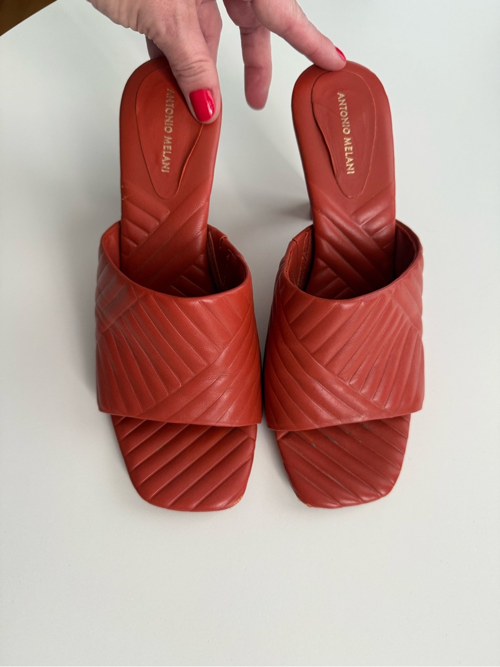 ANTONIO MELANI Burnt Orange Quilted Slide Mules - size 8.5